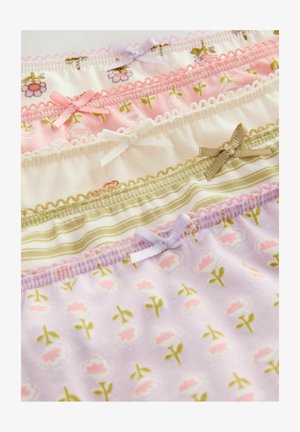 Pachet de patru articole de lenjerie intimă pentru fete, în culori pastelate: lavandă, roz, ivoriu și verde, cu modele florale și fundițe decorative.