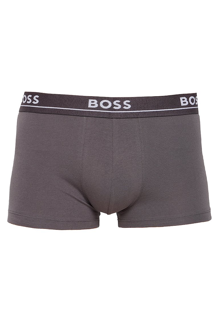 Boxer-briefs gris en coton doux, avec une ceinture élastique noire portant le logo "BOSS" en blanc, coupe ajustée et détails de couture minimalistes.