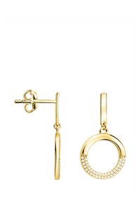Orecchini color oro con design circolare e bordo testurizzato, adornati con piccole pietre trasparenti e chiusura a perno.