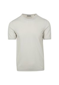 Lichtgrijze T-shirt met korte mouwen, gemaakt van zachte katoen, met een ronde halslijn en ribgebreide manchetten, een gladde textuur en zonder patronen of graphics.