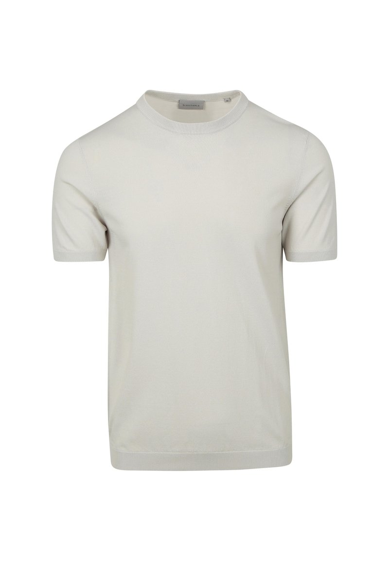 Lichtgrijze T-shirt met korte mouwen, gemaakt van zachte katoen, met een ronde halslijn en ribgebreide manchetten, een gladde textuur en zonder patronen of graphics.