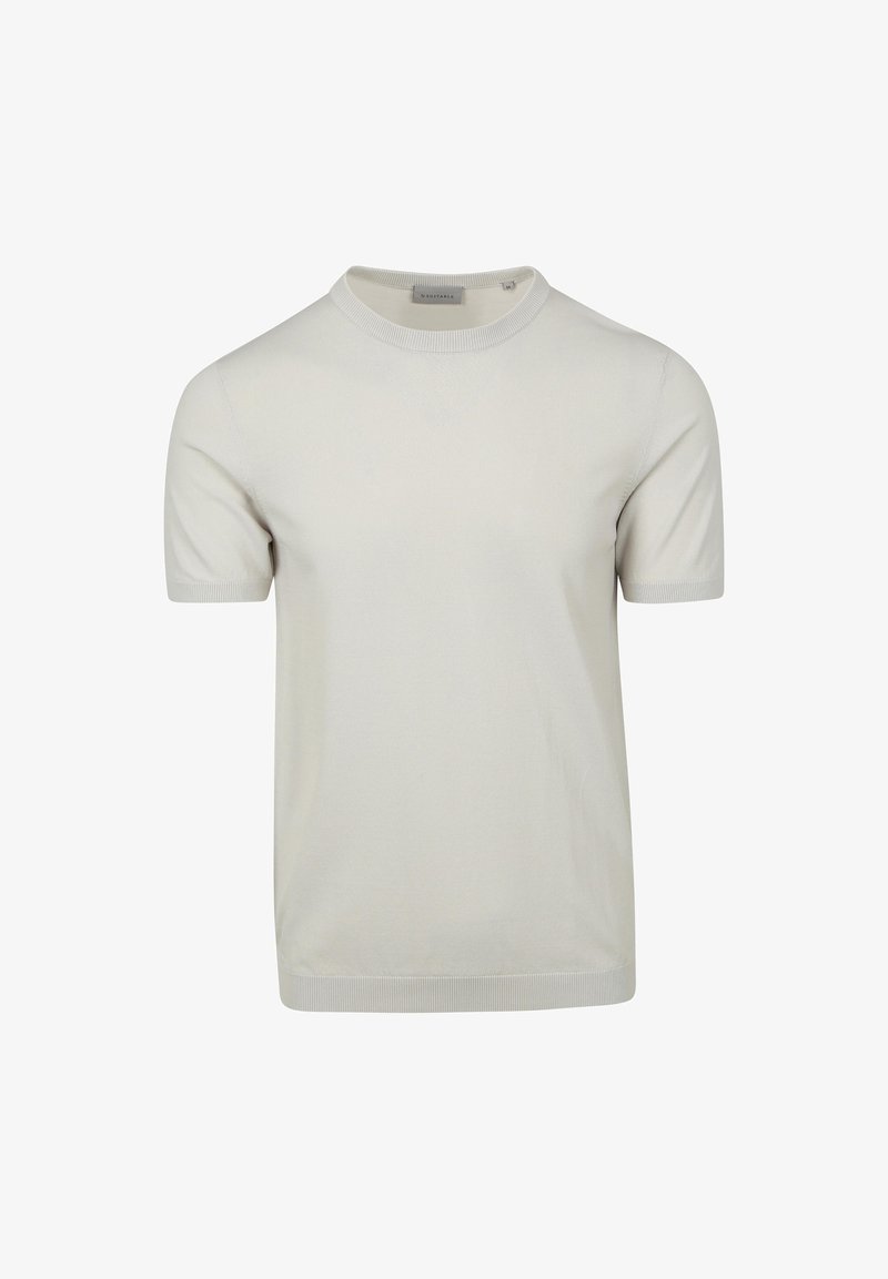 Lichtgrijze T-shirt met korte mouwen, gemaakt van zachte katoen, met een ronde halslijn en ribgebreide manchetten, een gladde textuur en zonder patronen of graphics.