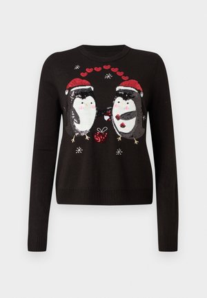 Schwarzer Pullover mit zwei paillettenbesetzten Pinguinen, die Weihnachtsmützen tragen und ein Geschenk austauschen, umgeben von roten Herzen und Schneeflocken.