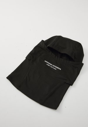 Black hooded garment with a soft, stretchy texture. Features white "WEEKEND OFFENDER" and "ADMIT NOTHING" text. Designed with minimalist lines.