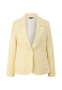 Blazer jaune clair pour femme avec revers crantés, un bouton avant, deux poches plaquées et manches longues sur fond blanc.