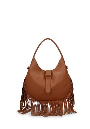 Sac à bandoulière en cuir marron avec des franges le long du bas et une sangle avec une boucle centrale.