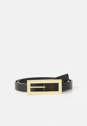 Black leather belt featuring a rectangular gold buckle with a cut-out design, smooth texture, and clean lines.