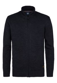 Mörkblå texturerad stickad cardigan med hög krage, full dragkedja, ribbade ärmslut och fållen. Innehåller en liten logotyp på den nedre sidan.