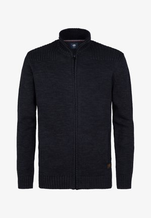 Cárdigan de punto texturizado en navy con alto cuello, cremallera completa, puños y dobladillo acanalados. Presenta un pequeño parche con el logo en el lado inferior.