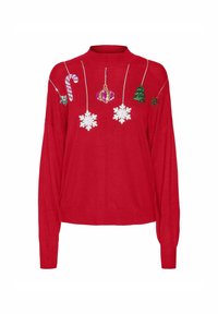 Punane kudumine särk, millel on kõrge kaelus, kaunistatud hõbedaste, roheliste ja roosa lumehelveste, puude ja lilledega.