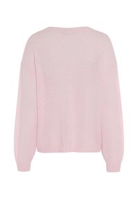 Rosa gestrickter Pullover mit lockerer Passform, rundem Halsausschnitt und langen Ärmeln. Verfügt über gerippte Säume und Bündchen, die eine weiche Textur zeigen.