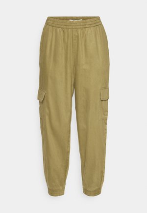 Khaki Cargo-Hosen aus leichtem Material mit einem elastischen Bund, seitlichen Taschen und elastischen Bündchen, die eine glatte Textur aufweisen.
