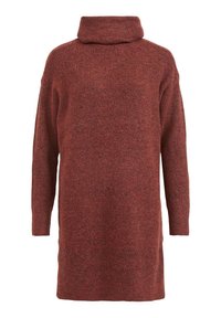 Abito in maglia di colore ruggine con colletto alto e piegato, maniche lunghe e una vestibilità morbida. La texture è morbida e a coste.