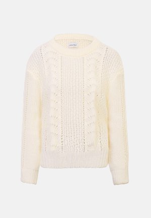 Jersey de punto en color blanco roto, con un patrón texturizado, puños y dobladillo acanalados, y cuello redondo. Material suave y ligero.