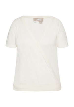 Top încrețit de culoare crem cu decolteu în V și mâneci scurte, fabricat dintr-un material moale. Prezintă un design curat, cu cusături minime și fără modele sau accente vizibile.