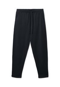 Schwarze Jogginghosen mit elastischem Bund und verstellbarem Kordelzug. Mit Seitentaschen und schmal zulaufenden Bündchen an den Knöcheln. Glatte Textur.
