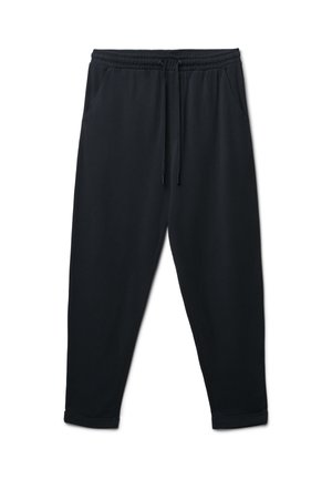 Black sweatpants with an elastic waistband and adjustable drawstring. Features side pockets and tapered cuffs at the ankles. Smooth texture.