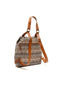 Sac en tissu tissé avec un motif géométrique multicolore, des anses en cuir marron et une bandoulière réglable pour un porté en travers du corps.