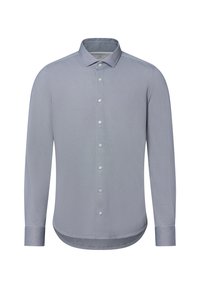 Helles, blaues Langarmhemd mit Button-Down-Kragen, das ein feines, strukturiertes Muster aufweist und einen normalen Knopfverschluss vorne hat.