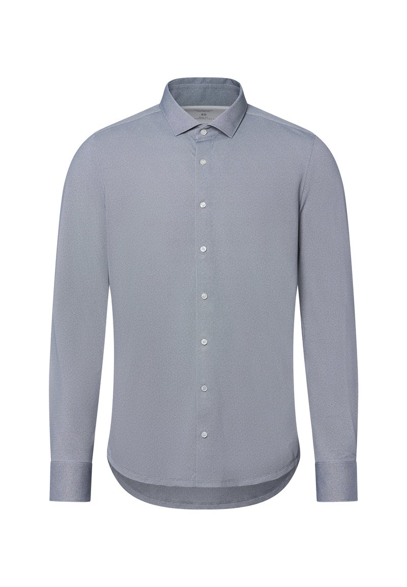 Helles, blaues Langarmhemd mit Button-Down-Kragen, das ein feines, strukturiertes Muster aufweist und einen normalen Knopfverschluss vorne hat.