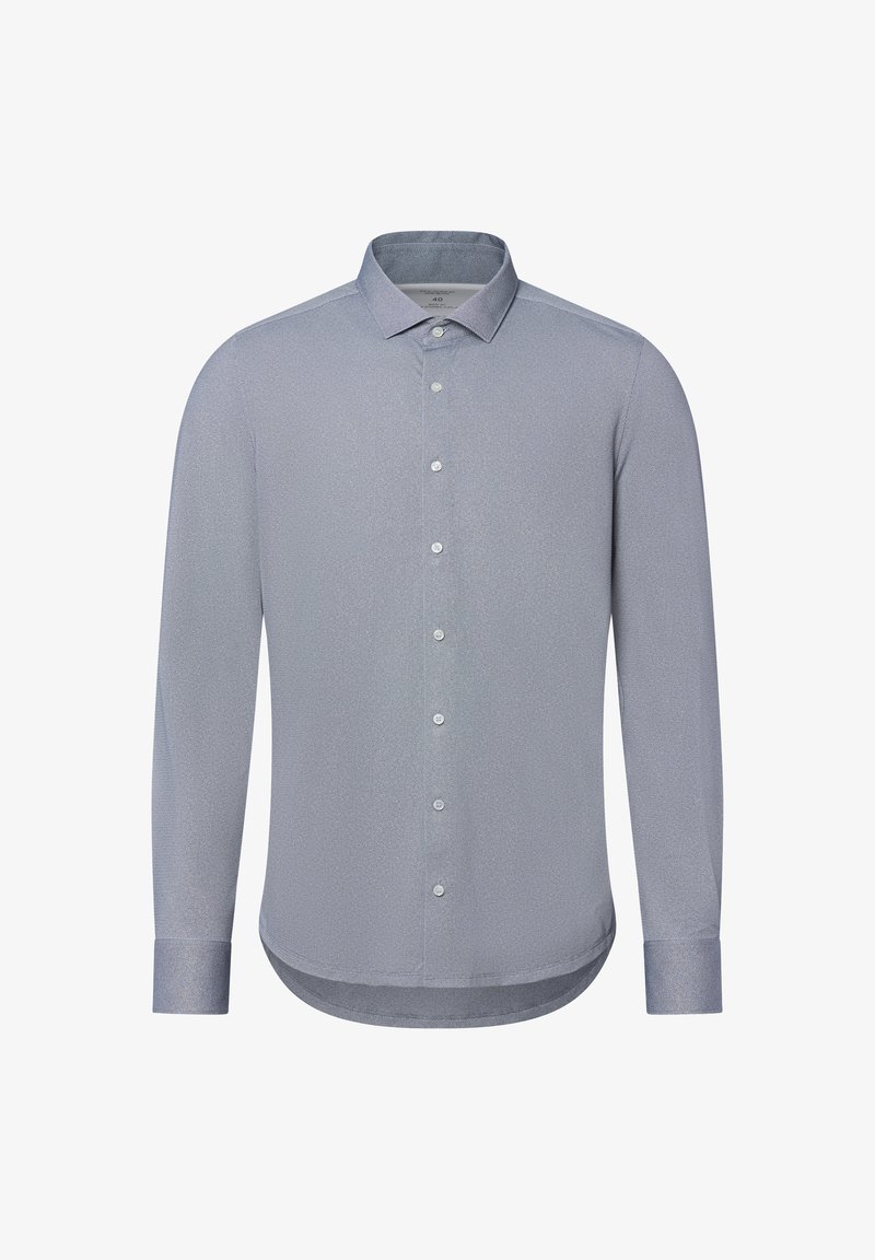 Helles, blaues Langarmhemd mit Button-Down-Kragen, das ein feines, strukturiertes Muster aufweist und einen normalen Knopfverschluss vorne hat.