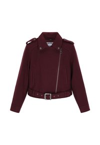 Burgundy villatakki, jossa on vetoketjusulku, olkatapit, sivutaskut ja vyöllinen vyötärö. Varustettu jämäkkällä kauluksella ja teksturoitulla kankaalla.