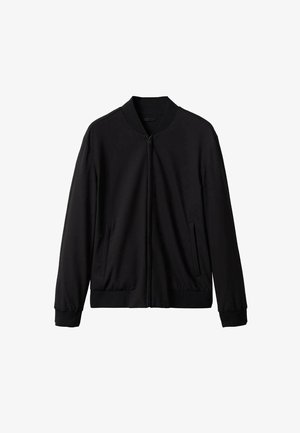 Black bomber jacket made of smooth fabric, featuring a full zip front, two side pockets, ribbed cuffs, and a round neckline.