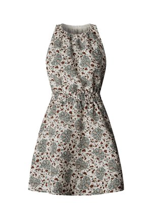 Sleeveless knee-length dress with high neckline and elastic waist, featuring a white base with brown and dark green floral pattern.