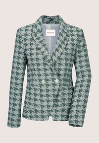 Grüner und weißer doppelt geknöpfter Blazer aus strukturiertem Gewebe, mit Reverskragen und dezenten Knopfdetails.