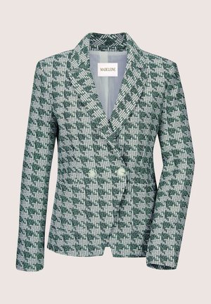 Groene en witte dubbelgebreide blazer van geweven textiel, met notch revers en lichte knoopaccenten.