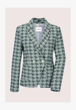 Green and white double-breasted blazer made from textured woven fabric, featuring notch lapels and light button accents.
