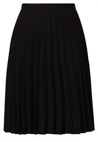 Svart veckad kjol med midjeband, gjord av lättviktigt tyg. Har vertikala veck och en design som når till knäet.