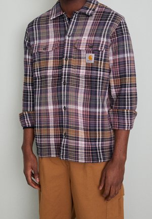 Mand iført en knappet, flerfarvet ternet skjorte med opviklede ærmer og beige bukser, stående op ad en ensfarvet væg.