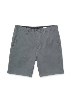 Pantaloni corti in cotone grigio con design a vita piatta, due tasche laterali e chiusura con un solo bottone. Tessuto liscio e gambe dritta.
