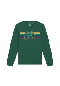 Green sweatshirt featuring a video game controller graphic surrounded by horizontal stripes in yellow, pink, and blue. Soft texture.