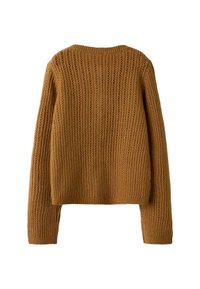 Brauner gestrickter Pullover mit langen Ärmeln, offener vertikaler Streifenmusterung und gerippten Bündchen, flach von hinten präsentiert.