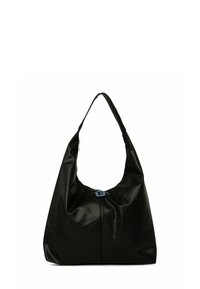 Czarna syntetyczna torba na ramię o gładkiej teksturze, zaokrąglonym kształcie i niebieskim suwaczku u góry do zamykania.