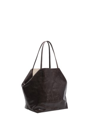 Ciemnobrązowa skórzana torba typu tote z dwoma uchwytami oraz wytłoczonym napisem "BIMBA Y LOLA" z przodu, na białym tle.