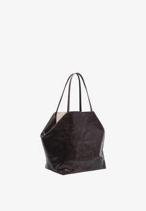 Ciemnobrązowa skórzana torba typu tote z dwoma uchwytami oraz wytłoczonym napisem "BIMBA Y LOLA" z przodu, na białym tle.