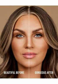 Före-och-efter skönhetstransformation bild som visar en kvinna med långt, lager-på-lager hår, slät hy och klara blå ögon. Textetiketter ingår.