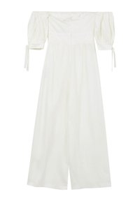Weißer, schulterfreier Jumpsuit mit Puffärmel und Bindeband an den Manschetten. Aus glattem, leichtem Stoff, mit weitem Bein und Knopfverschluss hinten.