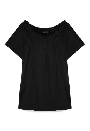 Černá krátká halenka s nařaseným výstřihem přes ramena a volnou, splývavou látkou.