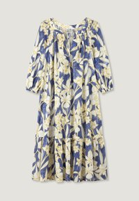 Blumenkleid mit blau-weißen Mustern und gelben Akzenten. Es hat einen gerafften Ausschnitt, dreiviertellange Ärmel und einen gestuften Saum.