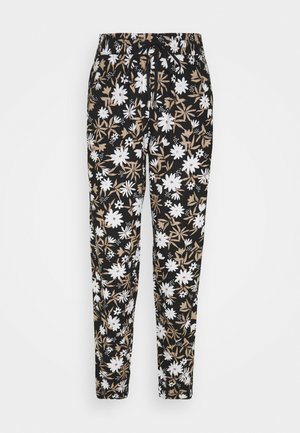 Pantalones florales negros con flores blancas y beige, cinturilla elástica con cordón y corte holgado para mayor comodidad.