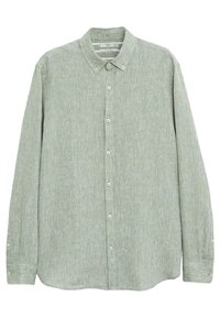 Lichtgroene lange mouw knopenoverhemd van linnen met een button-down kraag en witte knopen aan de voorkant en manchet.