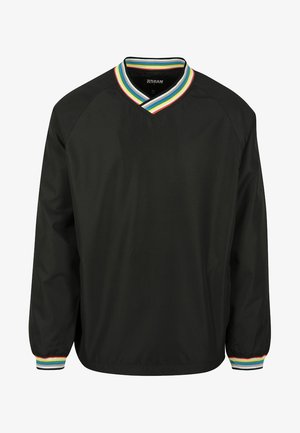 Schwarze Pulloverjacke mit V-Ausschnitt und farbenfrohen gestreiften Rippkragen und -bündchen, aus glattem, leichtem Material gefertigt.