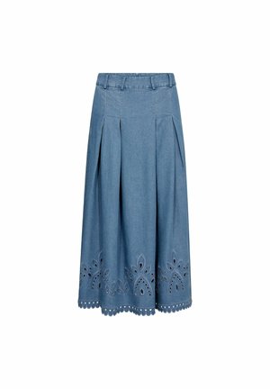 Blaue Midirock mit Falten, Gürtelschlaufen sowie floralen Ausschnitten und gewelltem Saum.