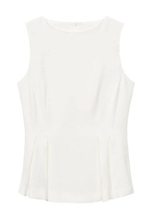 Top bianco senza maniche con design strutturato, caratterizzato da sottili pieghe nella parte anteriore e un collo rotondo. Texture liscia senza motivi.