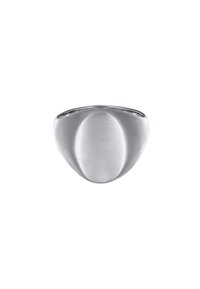 Metallring med en slät, borstad silverfinish. Rundad, oval form med ett lätt upphöjt centralt område. Minimalistisk design, utan utsmyckningar.