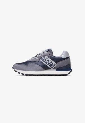 Gray and navy sneaker with suede and leather panels, branded "NAPAPIJRI" on the side, white midsole, and black treaded outsole.